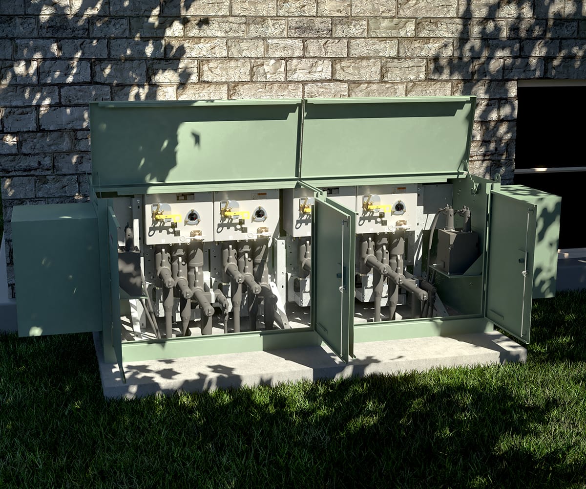 Switches Trident em um gabinete verde.