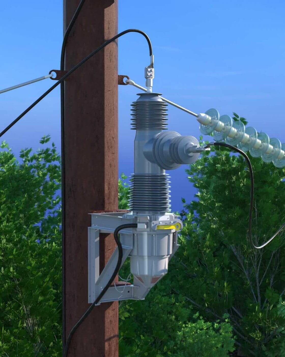 Electrical transformer mounted on a wooden utility pole with green trees and a clear blue sky in the background.